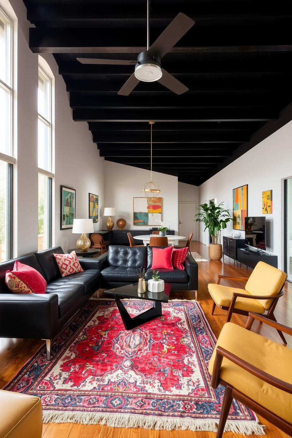 A stylish living room featuring mid-century modern furniture that exudes a retro vibe. The focal point is a sleek black couch complemented by a geometric coffee table and vibrant accent pillows. The walls are adorned with abstract art pieces, and a vintage rug adds warmth to the space. Large windows allow natural light to flood in, enhancing the inviting atmosphere of the room.