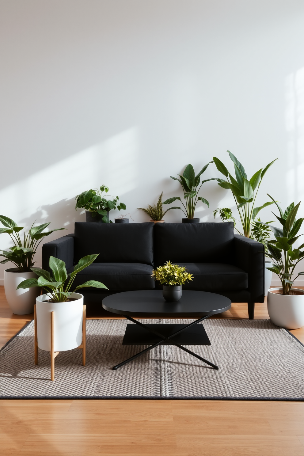 A stylish living room featuring a black couch as the centerpiece. Surrounding the couch are various indoor plants in sleek pots, adding a fresh touch to the space. The walls are painted in a soft neutral tone to enhance the room's brightness. A modern coffee table sits in front of the couch, complemented by a textured area rug beneath.