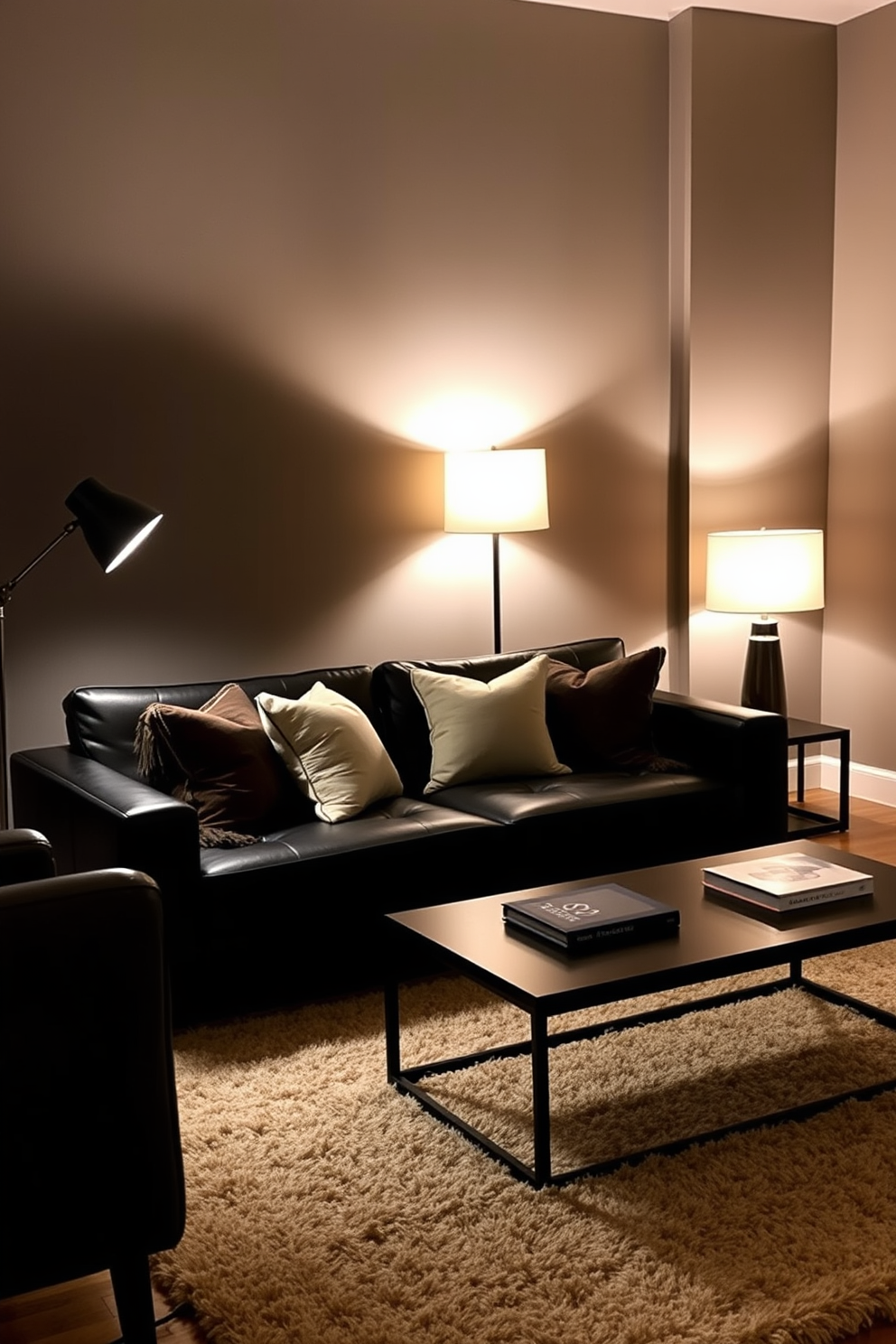 A cozy living room featuring layered lighting with strategically placed floor and table lamps. The space is anchored by a sleek black couch that invites relaxation and complements the warm ambiance created by the lights. Rich textures and contrasting accent pillows adorn the black couch, enhancing its visual appeal. A stylish coffee table sits in front, surrounded by a plush area rug that ties the room together.