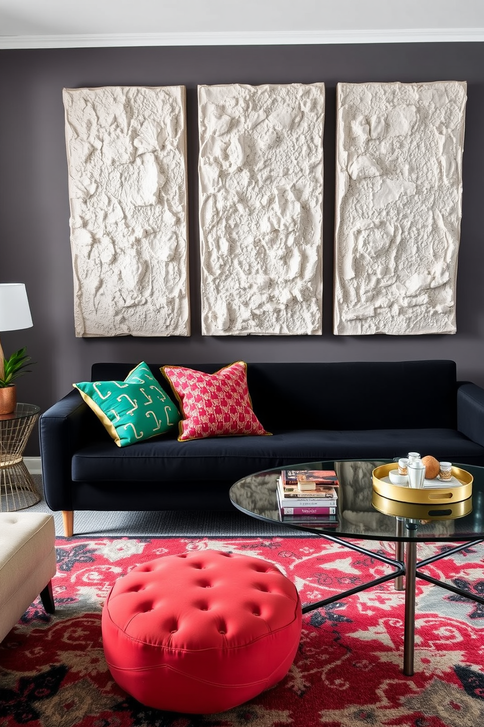 Textured wall art adds depth and character to the living room. A black couch serves as a striking centerpiece, complemented by vibrant throw pillows and a stylish area rug.