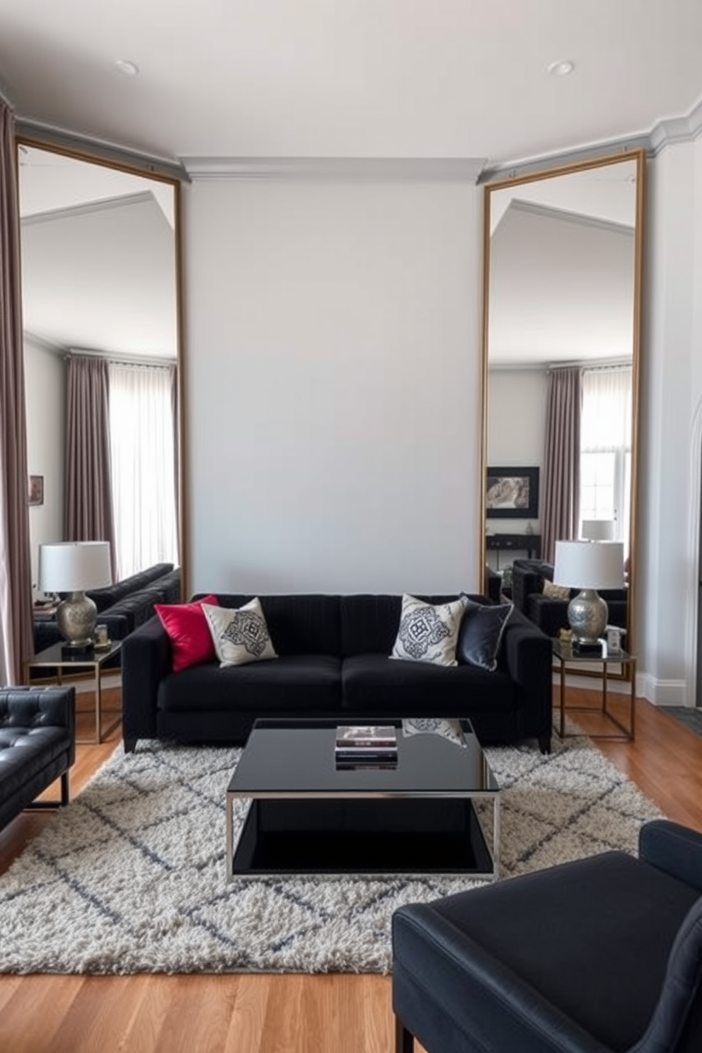 A stylish living room featuring a black couch positioned centrally against a light gray wall. Large mirrors are strategically placed to reflect natural light and create an illusion of a more spacious environment. The black couch is complemented by colorful throw pillows and a sleek coffee table made of glass and metal. A cozy area rug anchors the seating arrangement, while floor-to-ceiling curtains frame the windows, adding elegance and warmth to the space.