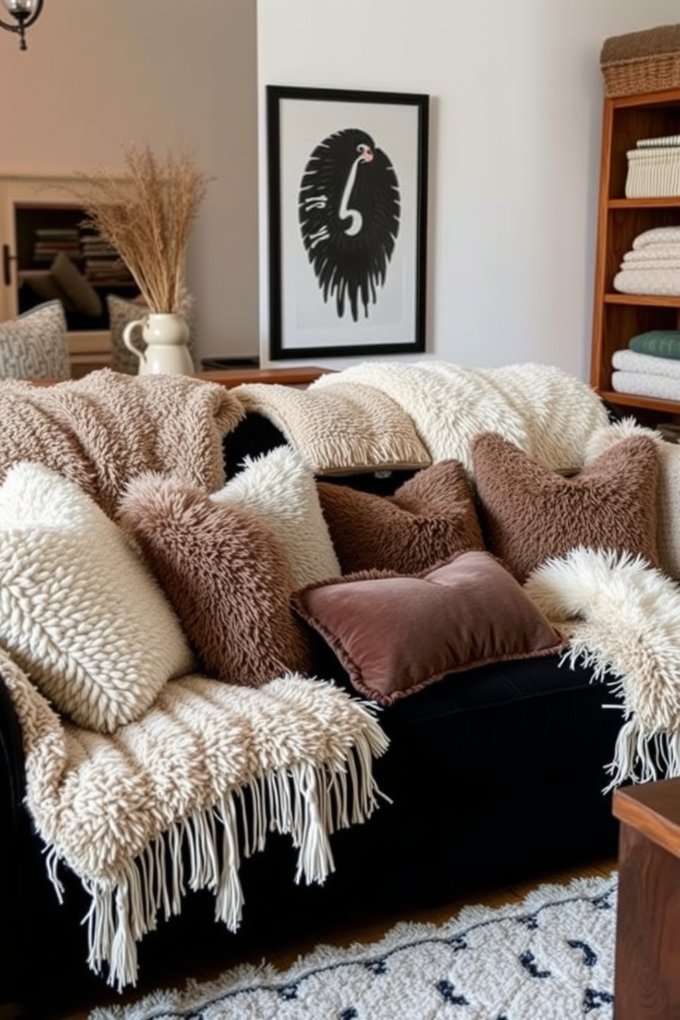 Cozy textures fill the living room with an inviting atmosphere. A black couch serves as the focal point, adorned with layered blankets and an array of plush pillows in various shades.