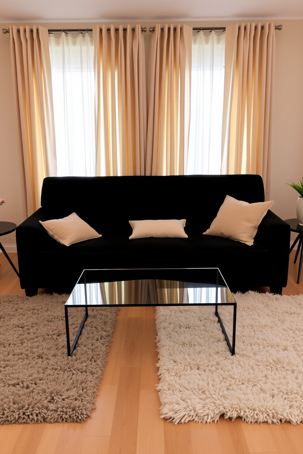 A stylish living room featuring a black couch as the focal point. The space is adorned with neutral curtains that gently drape from the ceiling, creating a soft and inviting atmosphere. The walls are painted in a light beige tone, complementing the dark couch. A sleek coffee table sits in front of the couch, surrounded by plush area rugs that add warmth to the design.