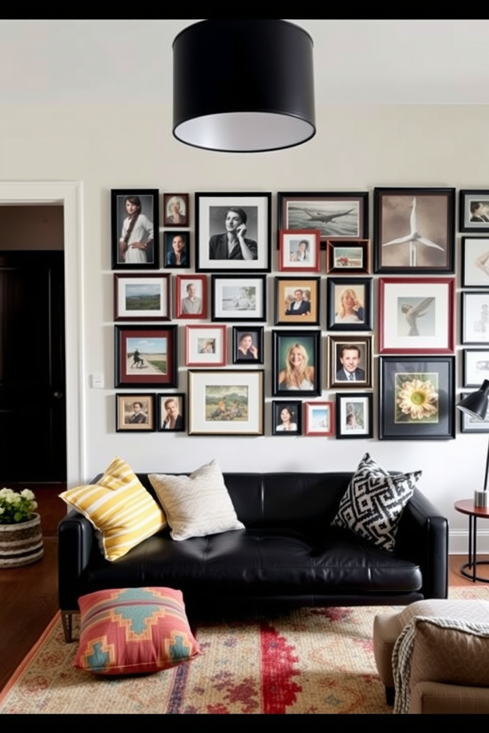 A stylish living room featuring a gallery wall that showcases a curated collection of personal artwork and photographs. The wall is adorned with various frame styles and sizes, creating an eclectic yet cohesive look that reflects the homeowner's personality. In the center of the room, a sleek black couch is positioned to invite relaxation and conversation. It is complemented by a mix of colorful throw pillows and a textured area rug that adds warmth to the space.