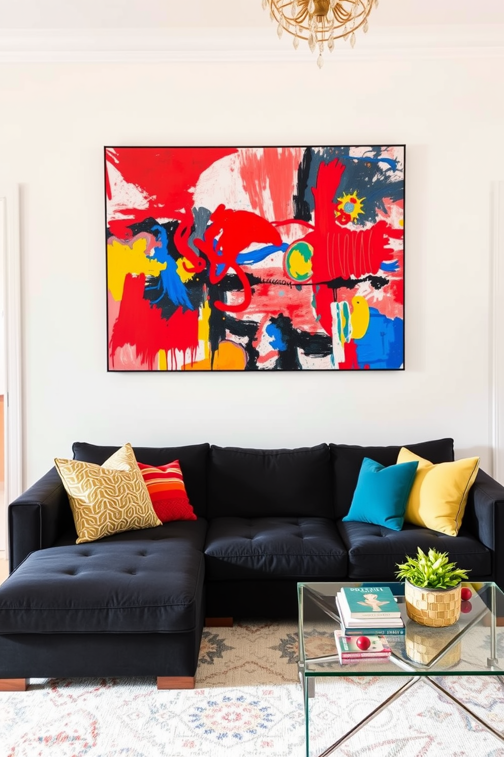 A vibrant living room filled with bold colors in the artwork that draws attention to the space. The walls are painted in a soft white, creating a striking contrast with the black couch that serves as the focal point of the room. The black couch is adorned with colorful throw pillows that add a pop of color. A large abstract painting hangs above the couch, featuring bright reds, blues, and yellows that energize the atmosphere.