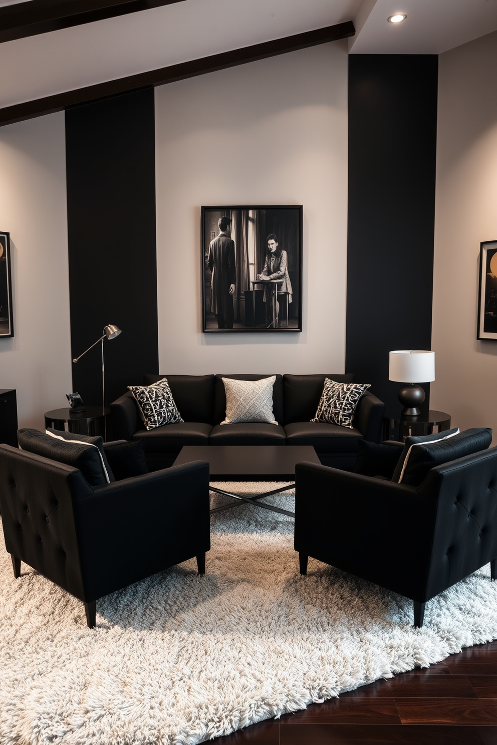 A stylish living room designed around a black couch creates a striking focal point. Flanking the couch are two matching armchairs, and a sleek coffee table sits centrally, enhancing the sense of balance. The walls are adorned with tasteful artwork that complements the dark tones of the furniture. A plush area rug anchors the space, adding warmth and texture to the overall aesthetic.