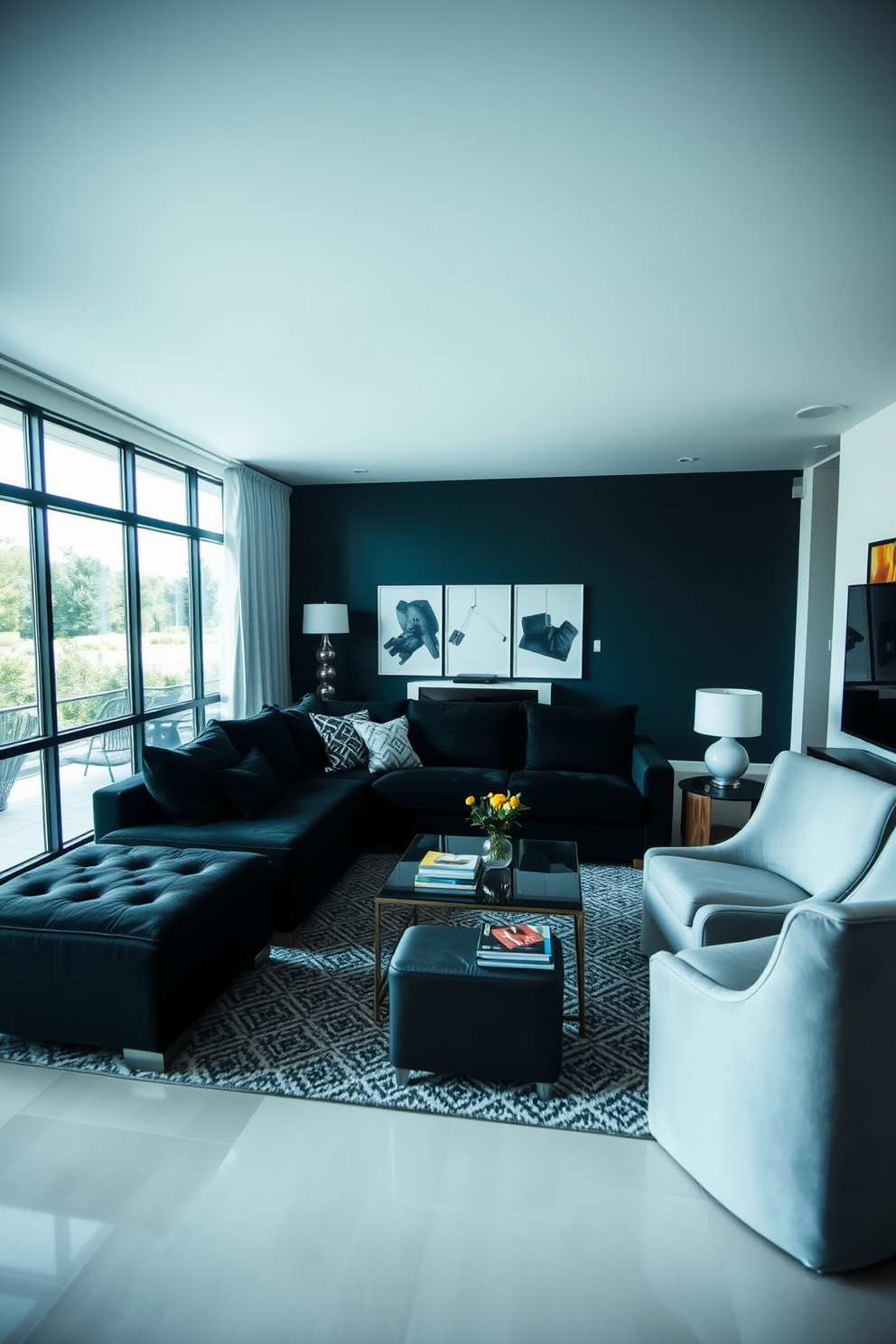 A stylish living room featuring a black couch that serves as the focal point of the space. The couch is paired with a sleek coffee table and accent chairs, all designed to maximize functionality and comfort. The room incorporates multifunctional furniture, such as an ottoman that doubles as storage and a side table that can be easily moved. Large windows allow natural light to flood the room, highlighting the modern decor and creating an inviting atmosphere.