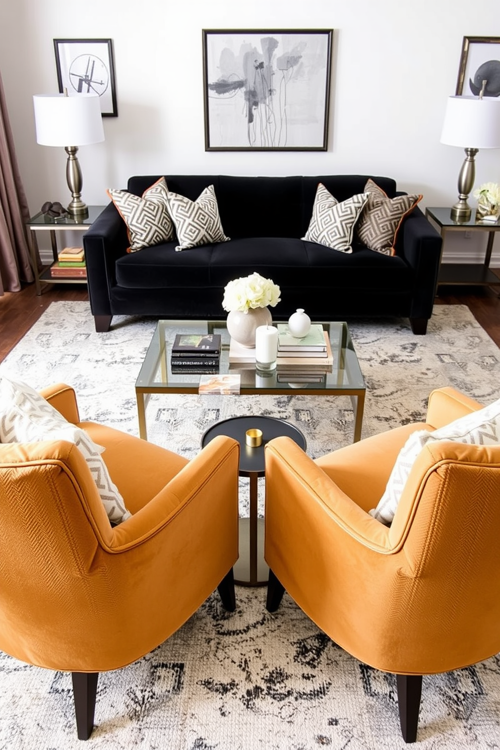 Accent chairs that beautifully complement a black couch are positioned across from the sofa in a stylish living room. The chairs feature a modern design with plush upholstery in a contrasting color, adding texture and warmth to the space. A sleek coffee table sits in the center, surrounded by a carefully curated selection of decorative accessories. The walls are adorned with artwork that enhances the overall aesthetic, creating a cohesive and inviting atmosphere.