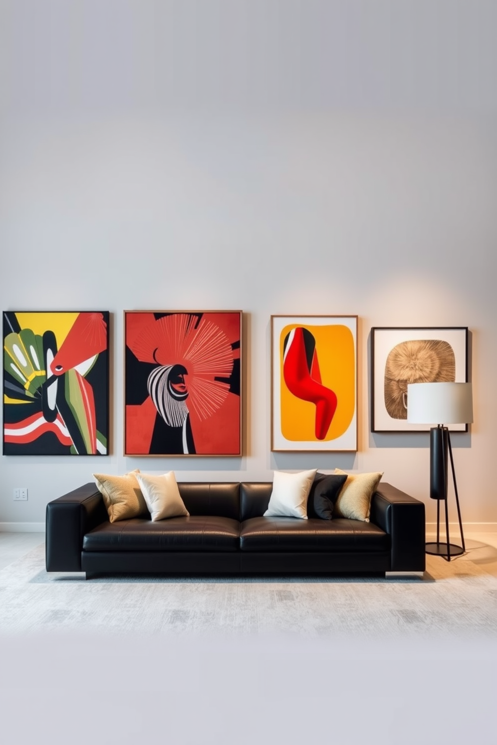 A living room featuring bold art pieces that create striking contrasts against neutral walls. The focal point is a sleek black couch positioned centrally, inviting comfort and style.