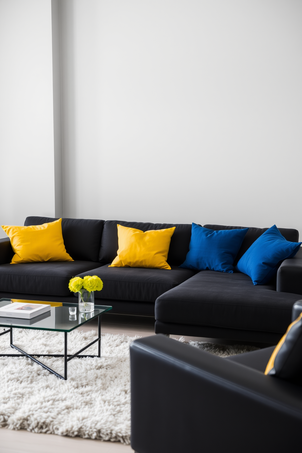 A modern living room featuring a sleek black couch as the centerpiece. The couch is adorned with vibrant throw cushions in contrasting colors like bright yellow and deep blue, adding a pop of energy to the space. The walls are painted in a soft gray, creating a neutral backdrop that highlights the bold cushions. A stylish coffee table sits in front of the couch, complemented by a plush area rug that ties the room together.