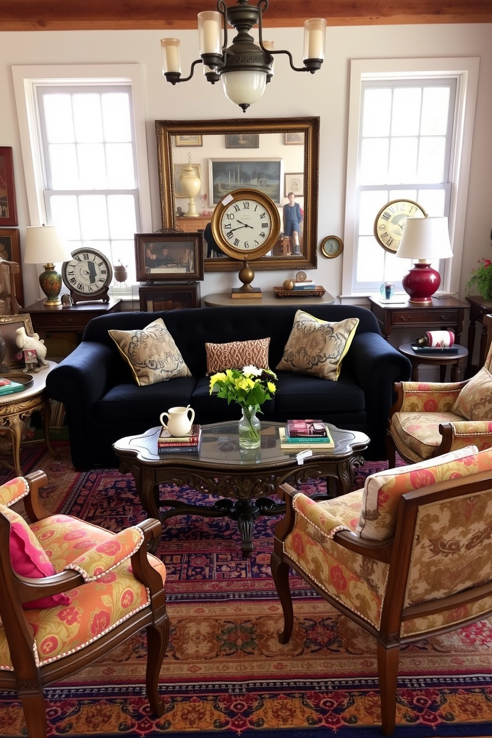 An eclectic living room featuring a black couch as the focal point. Surrounding the couch are various vintage decor items including an ornate coffee table, mismatched armchairs, and colorful throw pillows that add character and warmth to the space.