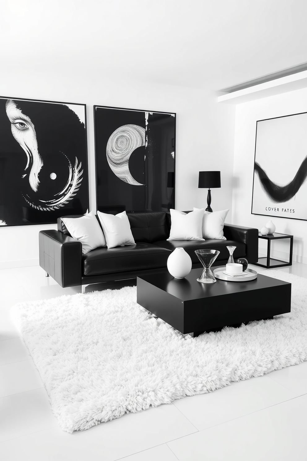 A stylish living room featuring a monochrome palette with black and white elements. The focal point is a sleek black couch adorned with white throw pillows, creating a striking contrast against the light-colored walls. In the background, a minimalist black coffee table sits atop a plush white rug, adding texture to the space. Large black and white artwork hangs on the walls, enhancing the modern aesthetic while maintaining a cohesive color scheme.