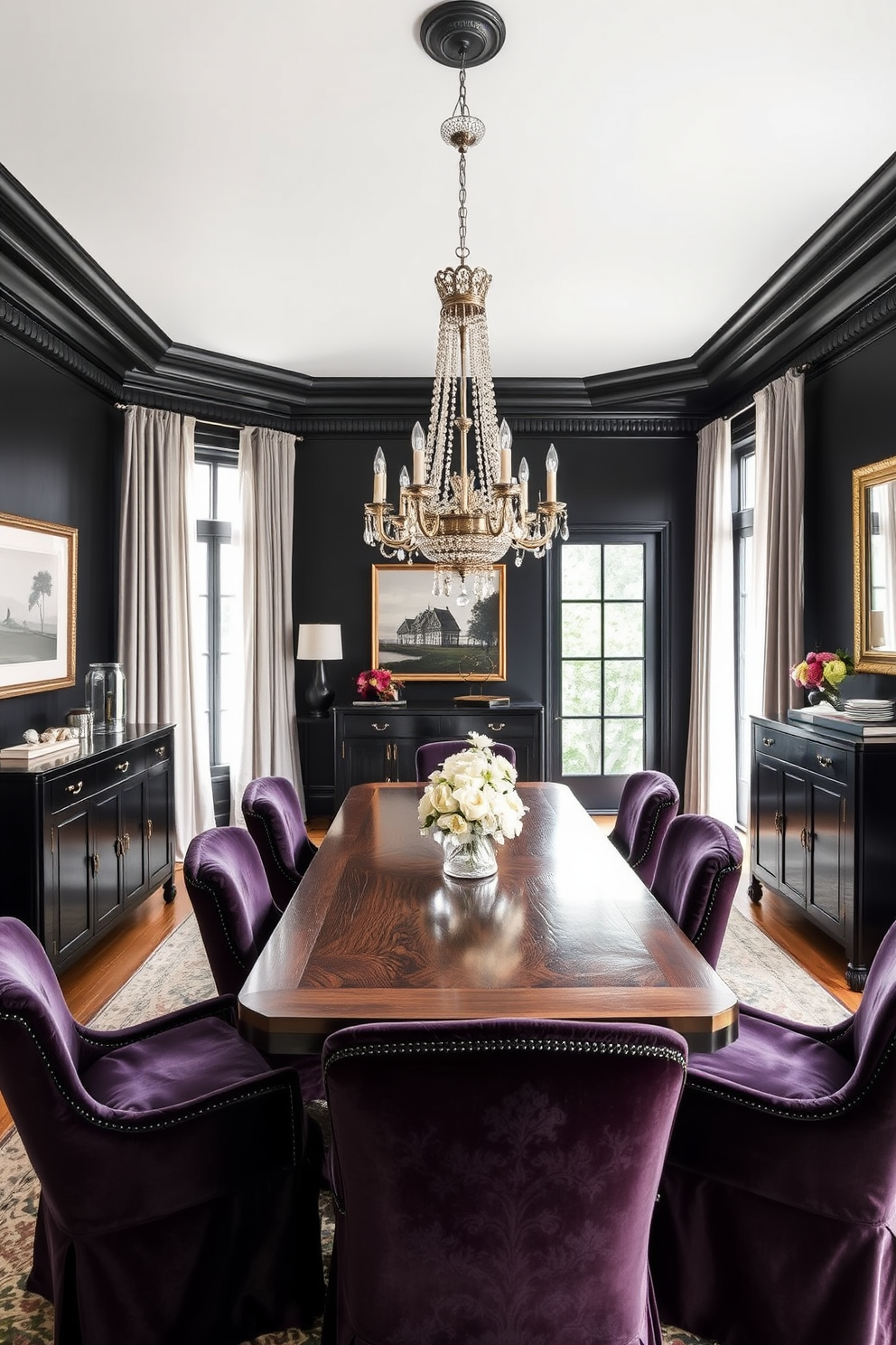 A bold black dining room features an elegant wooden dining table surrounded by plush upholstered chairs in a rich jewel tone. A striking chandelier hangs above the table, casting a warm glow over the space and highlighting the intricate details of the room. Large windows dressed with sheer curtains allow natural light to filter in, softening the dramatic black walls. A stylish sideboard against one wall displays curated decor items and a selection of fine dining ware, enhancing the sophisticated ambiance.