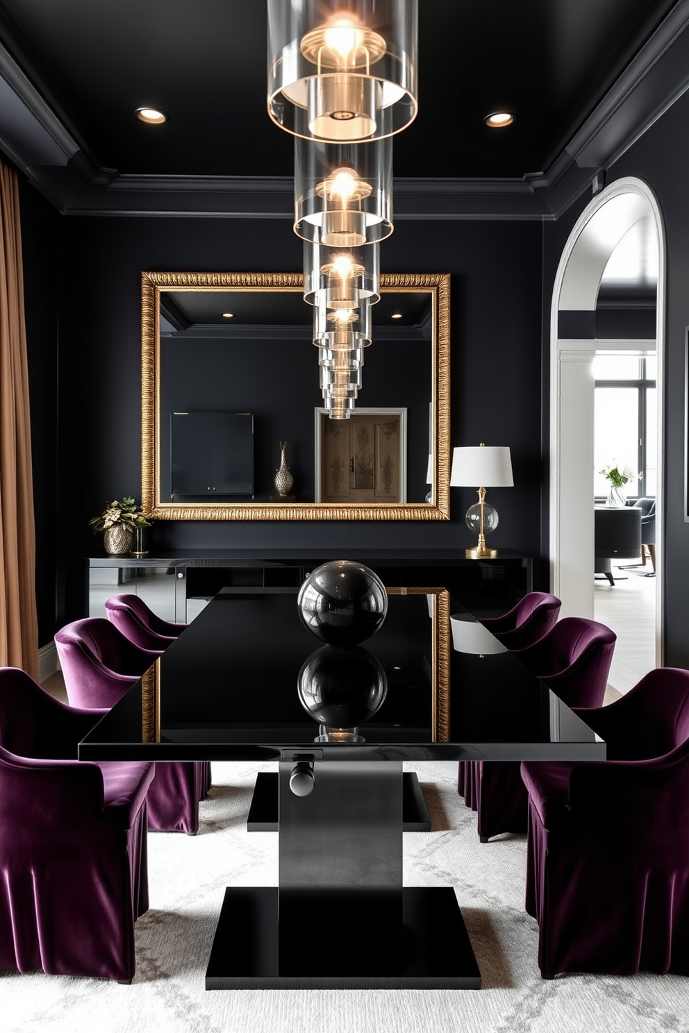 A stunning black dining room features an oversized mirror that reflects light beautifully, enhancing the space's elegance. The table is a sleek black finish, surrounded by plush velvet chairs in deep jewel tones for a luxurious touch. The walls are painted in a rich charcoal shade, creating a dramatic backdrop for the room. Elegant pendant lights hang above the table, casting a warm glow that complements the sophisticated atmosphere.