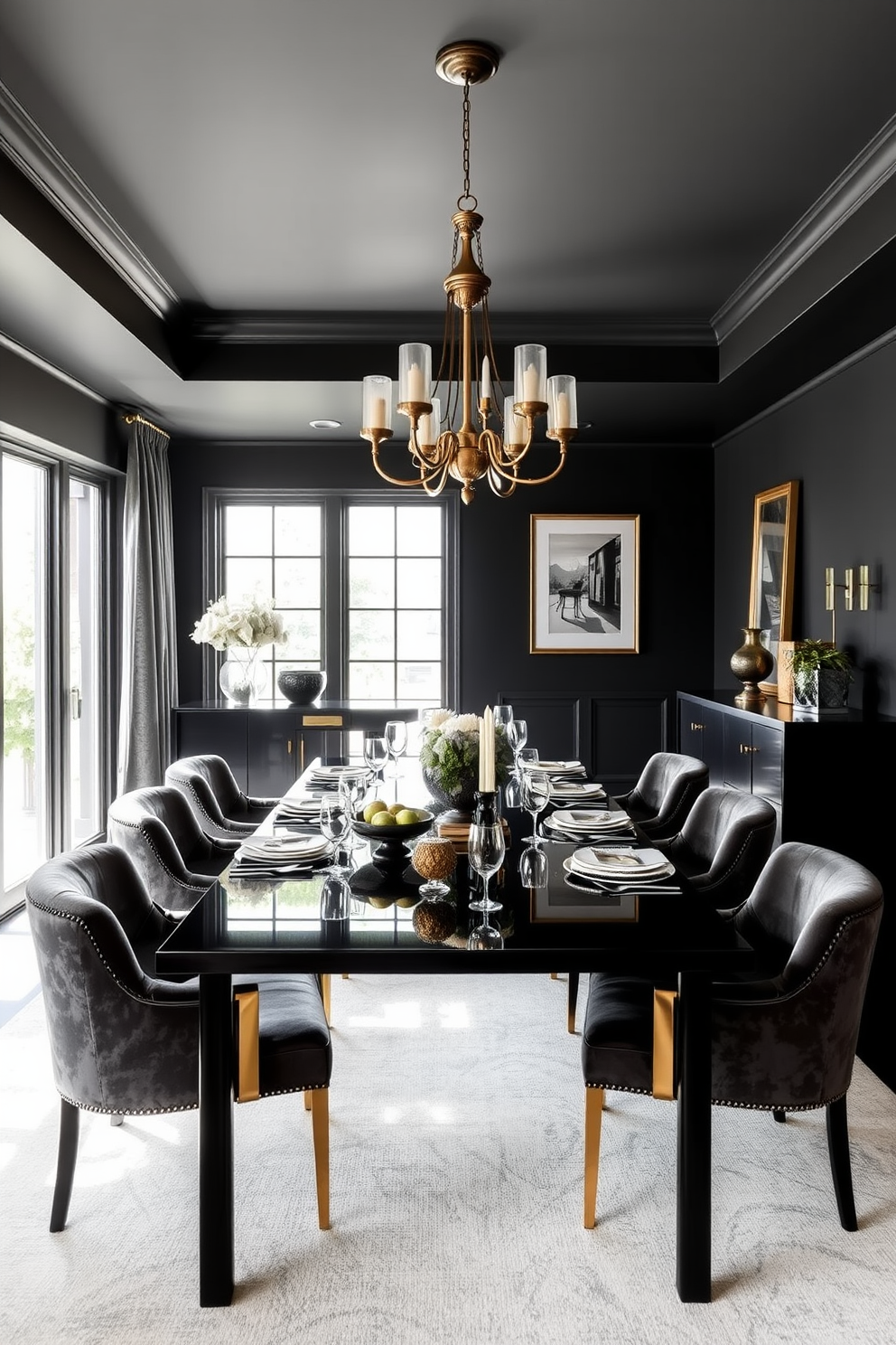 A striking black dining room features a sleek black table surrounded by plush brass-accented chairs. The walls are painted a deep matte black, creating a dramatic backdrop for an elegant chandelier with brass details hanging above. On one side of the room, a stylish black sideboard with brass hardware complements the overall aesthetic. Large windows allow natural light to filter in, highlighting the rich textures of the space and the carefully curated table setting.