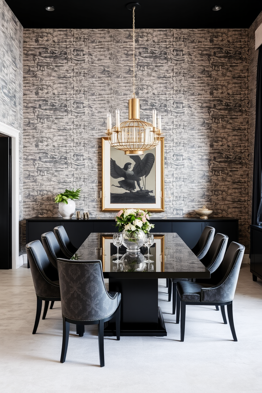 A luxurious dining room featuring textured wallpaper that adds depth and interest to the space. The room is anchored by a sleek black dining table surrounded by elegant upholstered chairs, creating a sophisticated atmosphere.