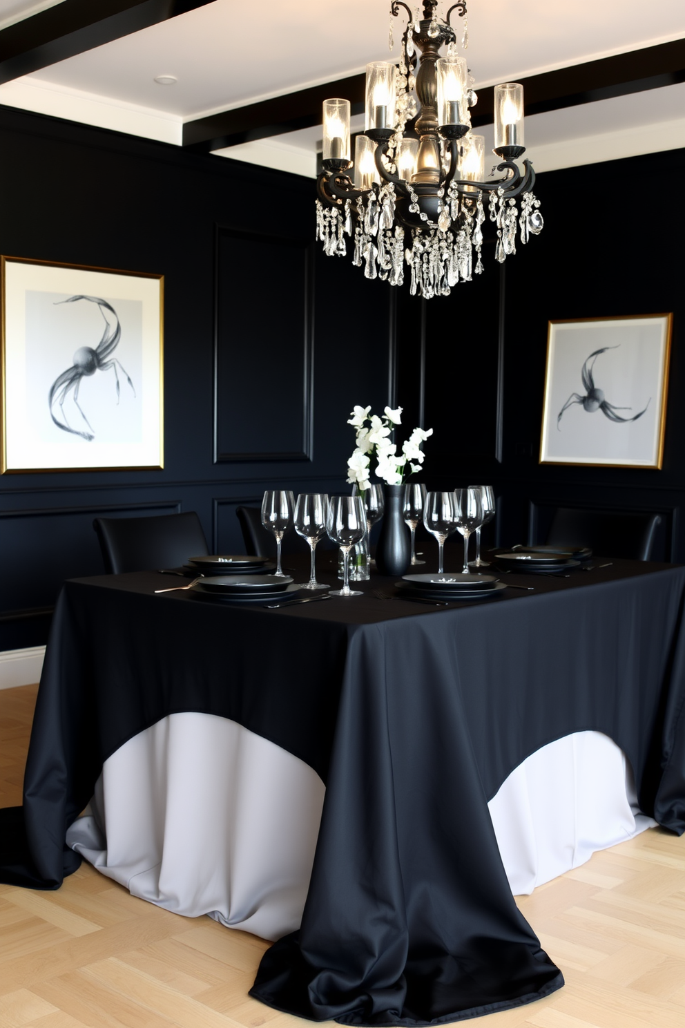 A monochrome table setting featuring an elegant black tablecloth that drapes gracefully to the floor. The table is adorned with sleek black dinnerware, minimalist glassware, and stylish black cutlery arranged meticulously for a cohesive look. The dining room is designed with deep black walls that create a dramatic backdrop. A statement black chandelier hangs above the table, casting a soft glow on the carefully curated decor and enhancing the sophisticated ambiance.