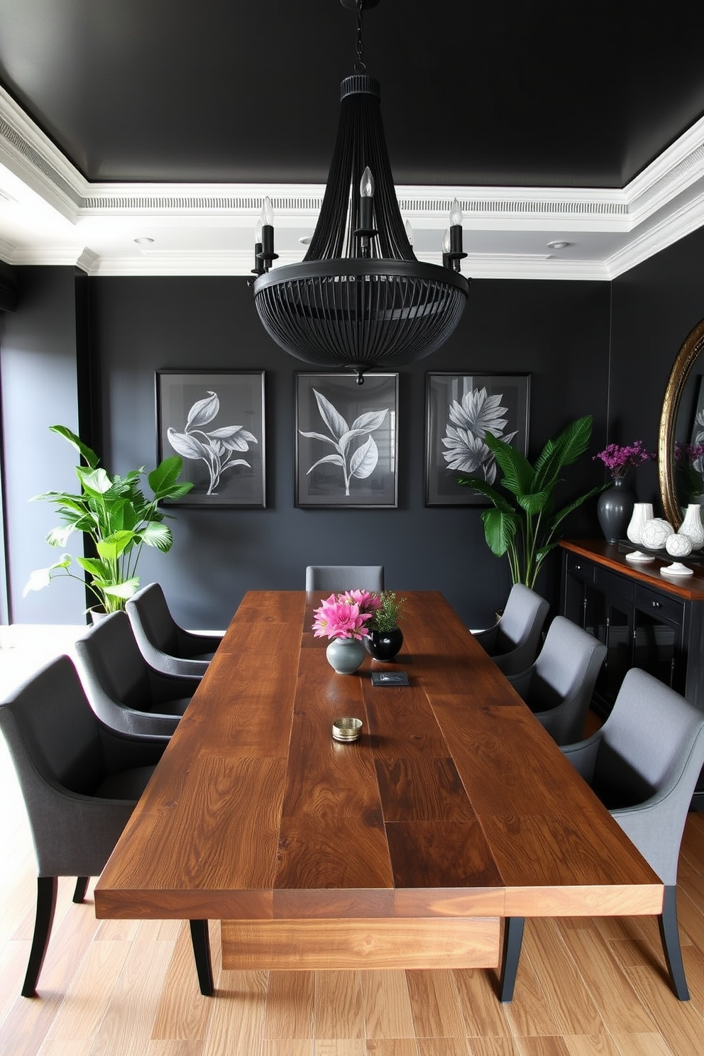 A sleek black dining room featuring a large rectangular table made of reclaimed wood surrounded by elegant upholstered chairs. The walls are adorned with dark botanical prints, and lush green plants are strategically placed in the corners to add a touch of nature. A striking black chandelier hangs above the table, casting a warm glow over the space. A sideboard made of black-stained oak showcases an array of decorative items, including a few vibrant potted plants for contrast.