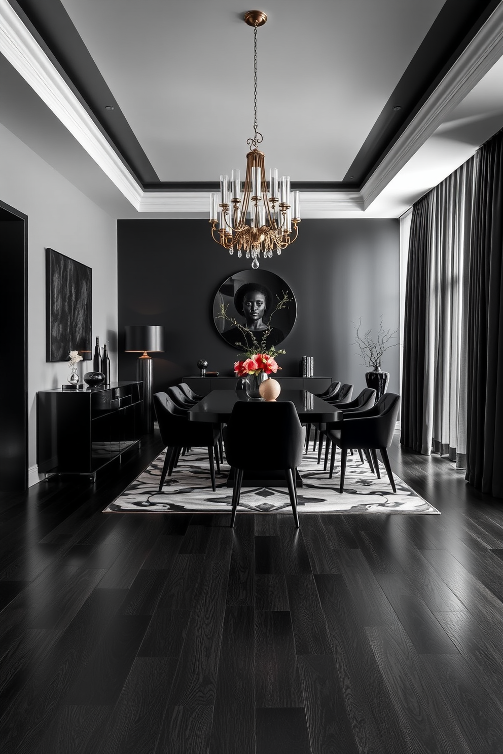 A striking dining room design features dark wood flooring that enhances the elegance of the space. The room is adorned with sophisticated black decor elements, creating a bold and contemporary atmosphere.