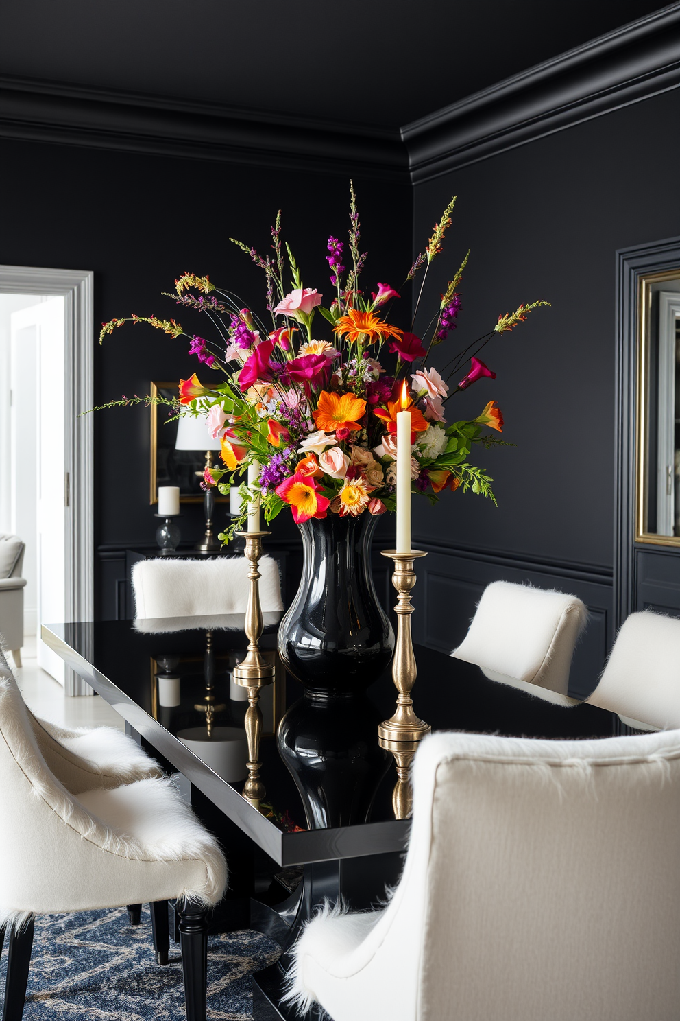 Artistic centerpieces create a stunning focal point in a black dining room. A sleek black table is adorned with a large, sculptural vase filled with vibrant flowers, complemented by elegant candlesticks that add a touch of warmth. The walls are painted in a deep matte black, enhancing the room's sophistication. To add contrast, plush white dining chairs surround the table, creating a striking visual balance.