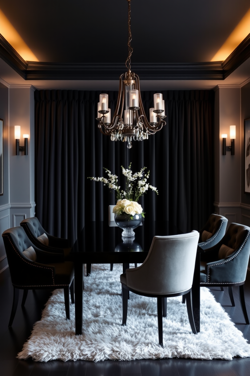 A black dining room exudes elegance and sophistication, featuring a sleek black table surrounded by plush upholstered chairs. Layered lighting enhances the cozy atmosphere, with a statement chandelier above the table and soft wall sconces illuminating the space. Rich textures are incorporated through a plush area rug and velvet curtains, adding warmth to the dark color palette. Decorative elements like a striking centerpiece and curated artwork on the walls complete the inviting ambiance.