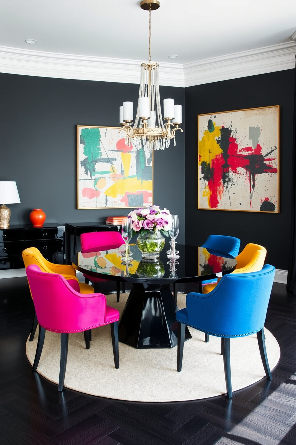 A striking black dining room featuring a sleek black table surrounded by chairs upholstered in vibrant jewel tones for a bold contrast. The walls are adorned with abstract art pieces that incorporate splashes of color, while a statement chandelier adds an elegant touch overhead.