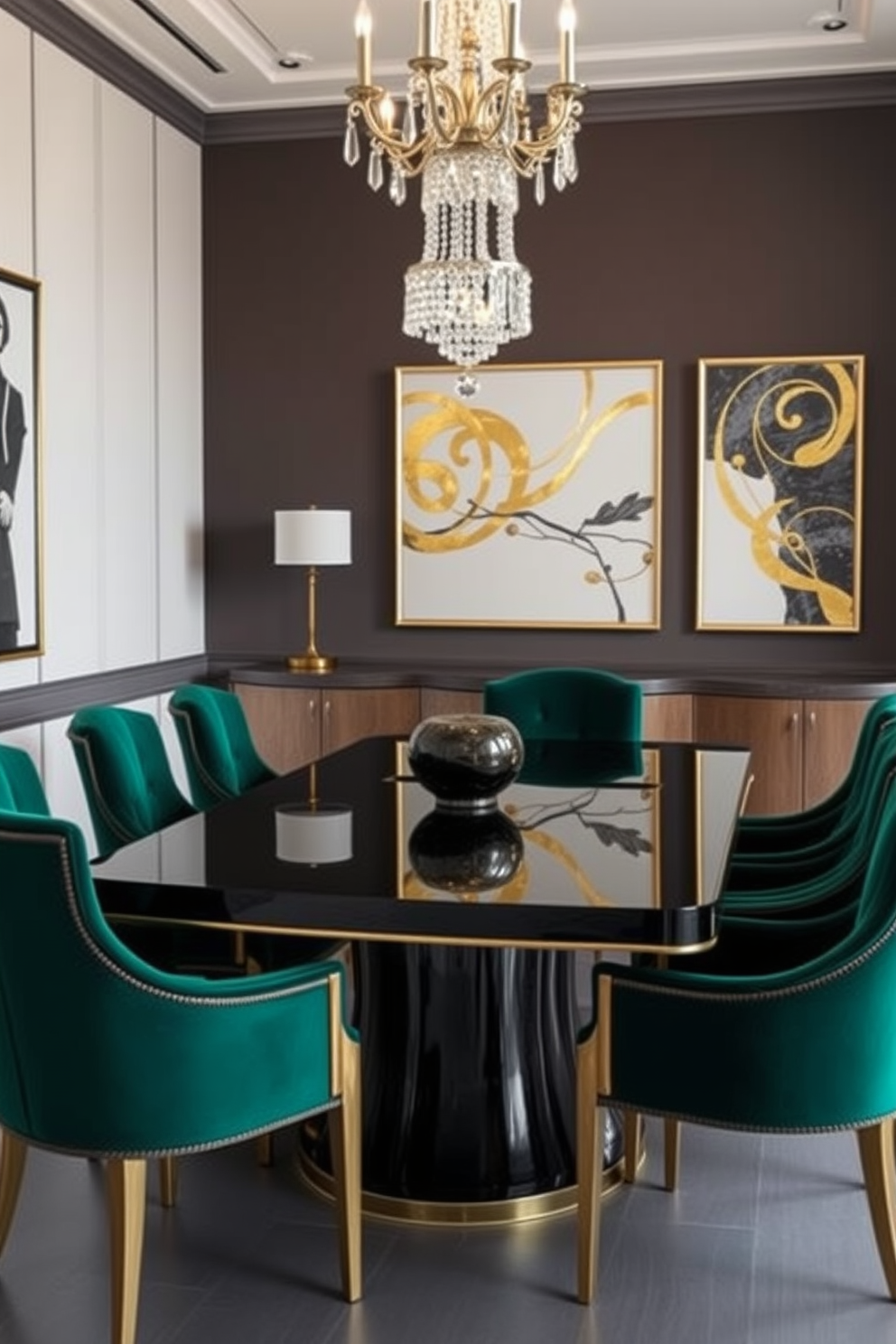 An elegant black dining table with gold accents takes center stage in a stylish dining room. Surrounding the table are plush velvet chairs in deep emerald green, enhancing the luxurious atmosphere. The walls are adorned with tasteful artwork featuring abstract designs in gold and black tones. A stunning chandelier with crystal details hangs above, casting a warm glow over the dining space.