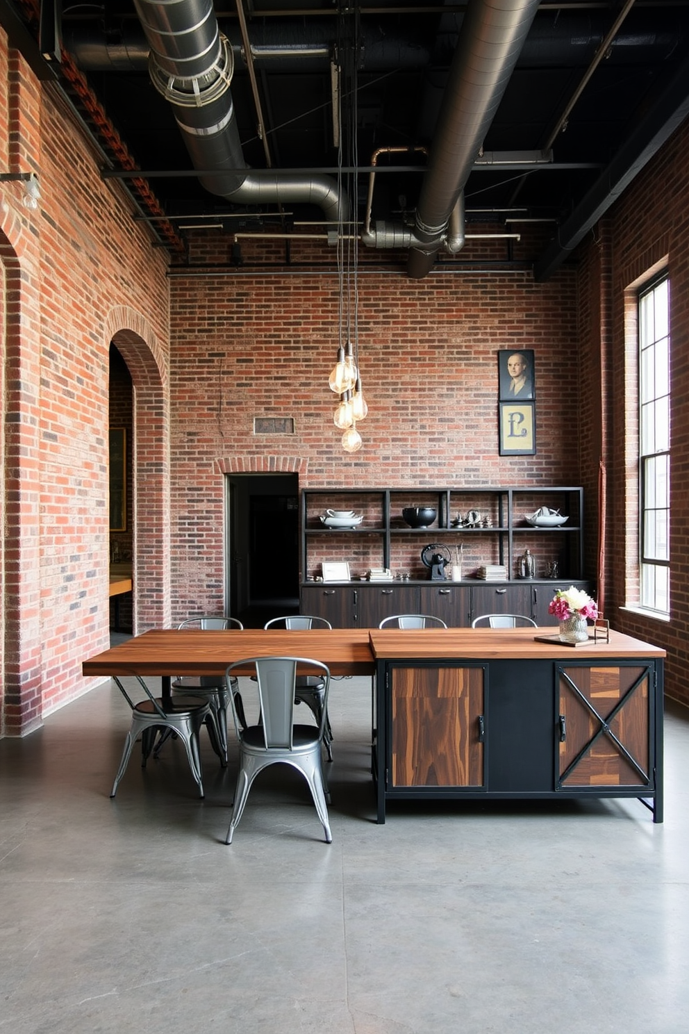 Industrial style dining room featuring exposed brick walls and a high ceiling with visible ductwork. The space includes a large reclaimed wood dining table surrounded by metal chairs, complemented by pendant lighting with Edison bulbs hanging from the ceiling. The floor is polished concrete, adding to the raw aesthetic of the room. A large industrial-style sideboard made of metal and wood provides storage and displays decorative items.