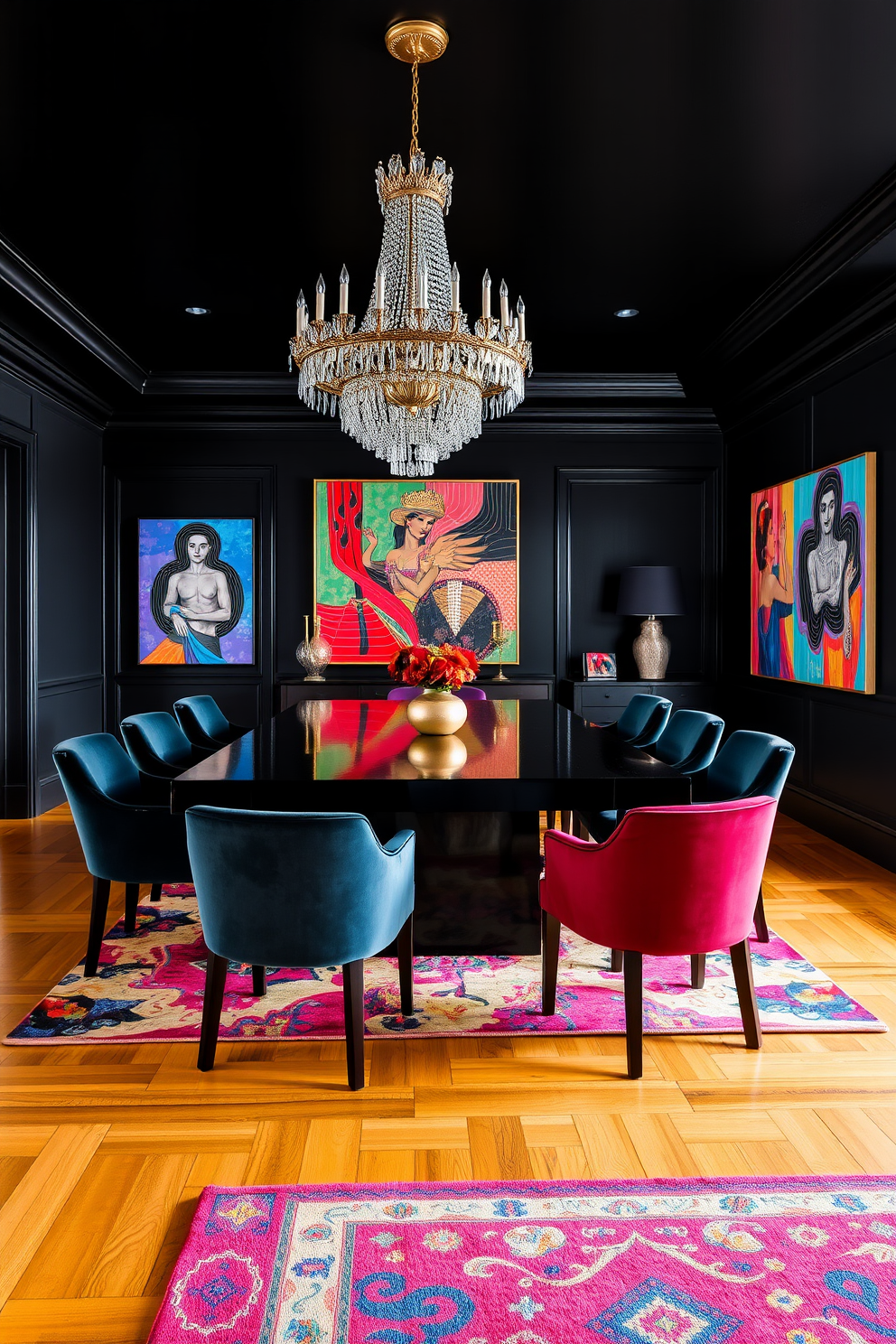 A striking black dining room features a large rectangular table made of dark wood, surrounded by plush velvet chairs in a rich jewel tone. The walls are painted a deep black, adorned with vibrant artwork that adds a pop of color and personality to the space. A statement chandelier hangs above the table, showcasing an intricate design that complements the bold theme. The floor is finished with a sleek hardwood, while a colorful area rug anchors the dining set and adds warmth to the room.