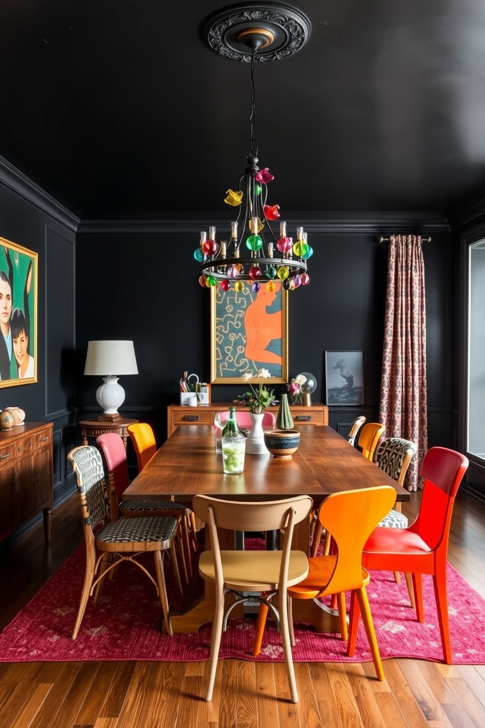 An eclectic dining room that blends various styles for a unique atmosphere. The space features a large wooden table surrounded by mismatched chairs in vibrant colors and patterns. The walls are painted a deep black, creating a dramatic backdrop for the eclectic decor. A bold chandelier hangs from the ceiling, adorned with colorful glass accents that catch the light beautifully.