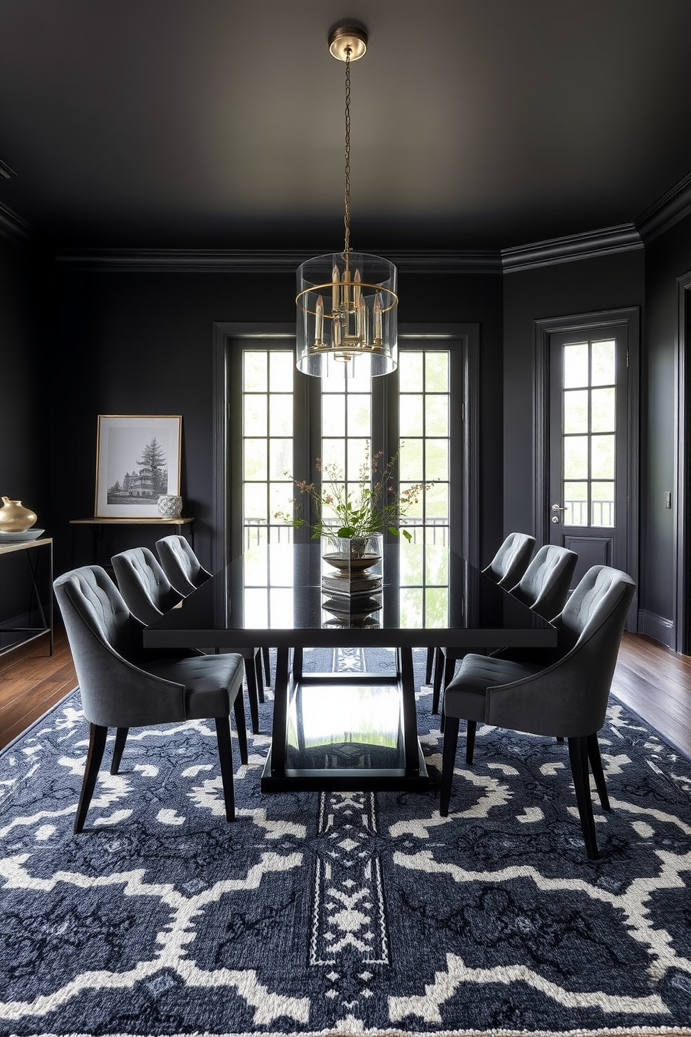 A striking black dining room featuring a statement rug that anchors the space. The rug boasts a bold geometric pattern that contrasts beautifully with the sleek black dining table and upholstered chairs. The walls are painted in a deep charcoal hue, creating a cozy yet sophisticated atmosphere. Elegant pendant lighting hangs above the table, casting a warm glow over the dining area.