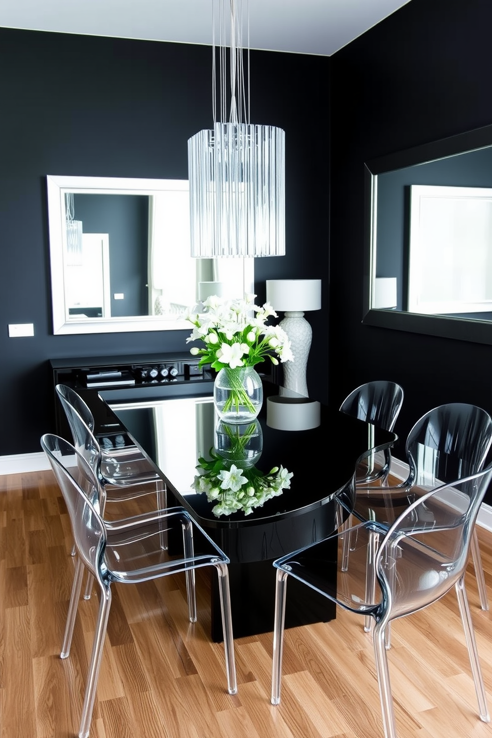 A modern black dining room featuring sleek glass elements that enhance the overall brightness of the space. The dining table is a glossy black with transparent glass chairs that create an airy feel, complemented by a striking glass chandelier overhead. The walls are painted in a deep charcoal hue, providing a dramatic backdrop that contrasts beautifully with the glass accents. A large mirror with a minimalist frame adorns one wall, reflecting light and making the room appear more spacious.