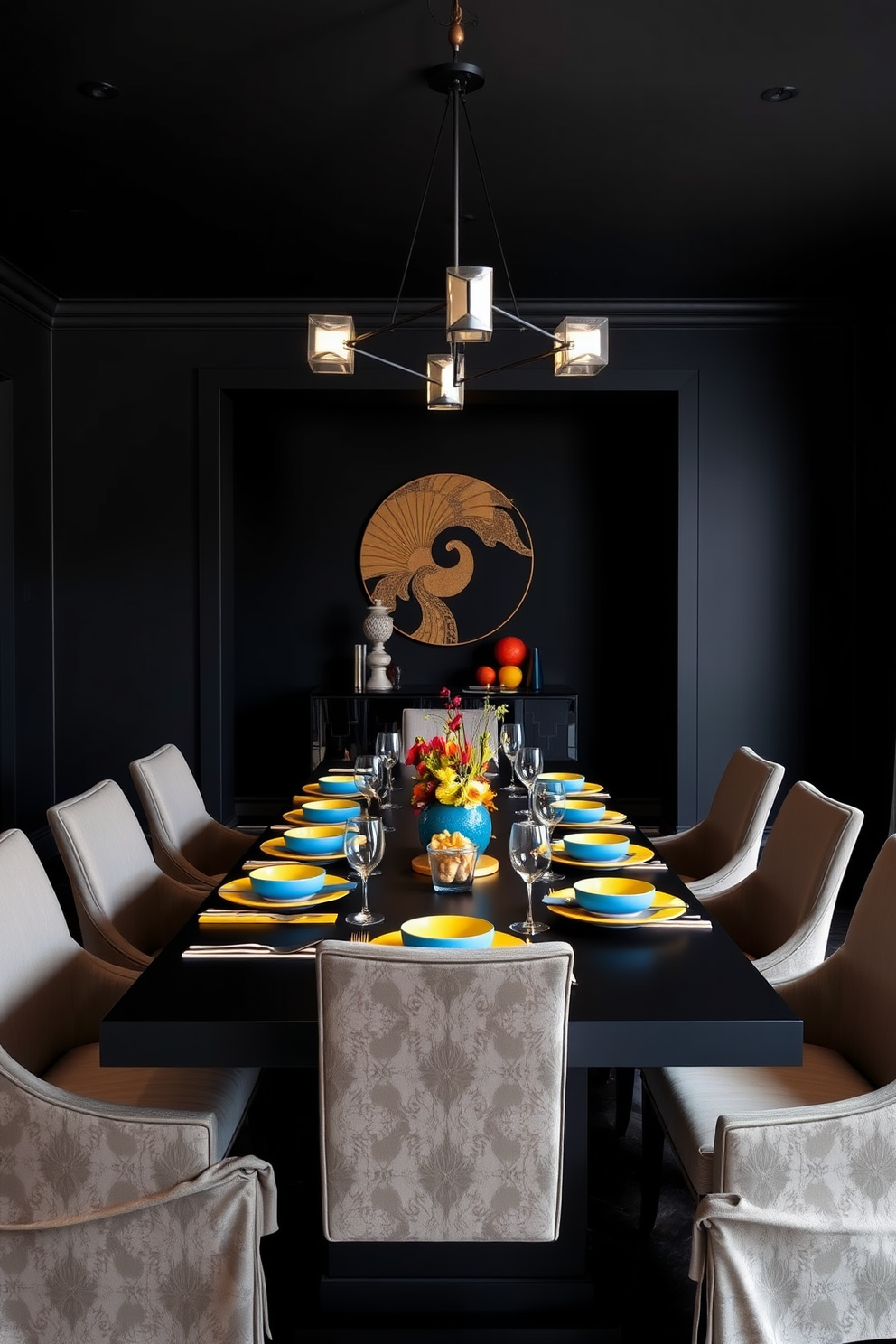 A striking black dining room features a large rectangular table adorned with vibrant tableware in shades of blue, yellow, and red. Surrounding the table are elegant upholstered chairs in a contrasting fabric, adding warmth to the sophisticated space. The walls are painted in a deep matte black, creating a dramatic backdrop for the colorful accents. A modern chandelier with geometric shapes hangs above the table, casting a soft glow that enhances the inviting atmosphere.