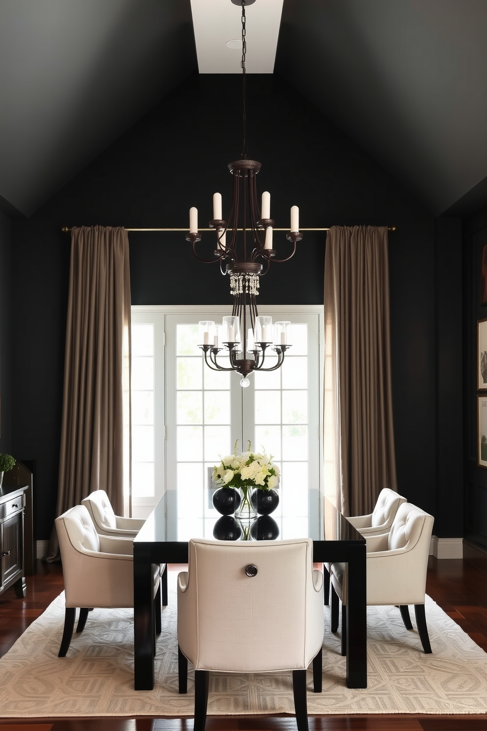 Elegant drapery to soften the edges of a black dining room. The room features a sleek black dining table surrounded by plush upholstered chairs, with a stunning chandelier hanging above to create a warm ambiance. The walls are painted in a deep charcoal hue, complemented by rich wooden accents. Floor-to-ceiling drapes in a soft, flowing fabric frame the windows, adding a touch of luxury and elegance to the space.