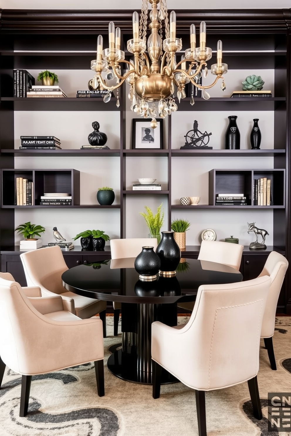 Creative shelving for decorative displays. The shelves are made of dark wood and feature a mix of open and closed storage, showcasing a variety of decorative items such as books, plants, and unique sculptures. Black Dining Room Design Ideas. The space features a sleek black dining table surrounded by upholstered chairs, complemented by a statement chandelier that adds a touch of elegance to the room.