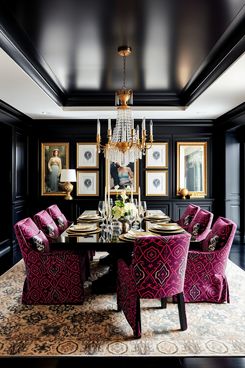 A striking black dining room featuring bold patterns in cushions and upholstery. The dining table is surrounded by chairs upholstered in a vibrant geometric print, creating a stunning contrast against the dark walls. The centerpiece is an elegant chandelier that adds a touch of sophistication. Accents of gold in the tableware and decor enhance the luxurious feel of the space.