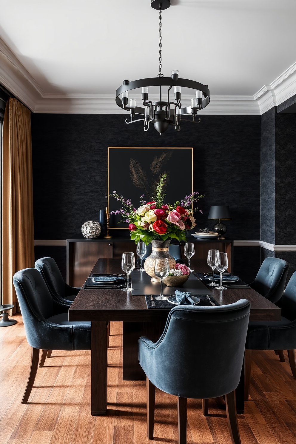 A black dining room featuring layered textures that combine rich velvet and warm wood elements. The dining table is crafted from dark stained wood, surrounded by plush velvet chairs in a deep jewel tone. Soft lighting illuminates the space, casting a warm glow over the textured wallpaper that adds depth to the room. A striking centerpiece of seasonal flowers sits atop the table, complemented by elegant tableware that enhances the sophisticated atmosphere.