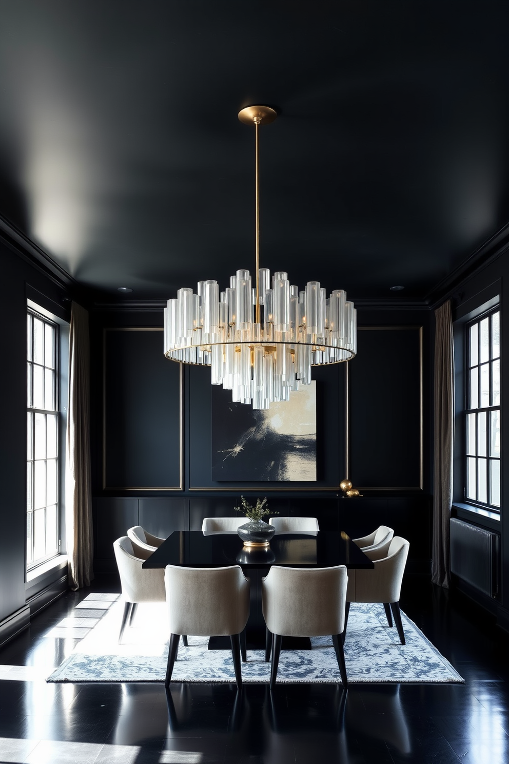 A statement light fixture hangs dramatically from the ceiling, casting an elegant glow over the dining area. The black dining room features a sleek, modern table surrounded by plush upholstered chairs, creating a striking contrast against the dark walls. The room is accented with gold or brass elements, adding a touch of luxury and sophistication. Large windows allow natural light to filter in, enhancing the bold atmosphere of the space.