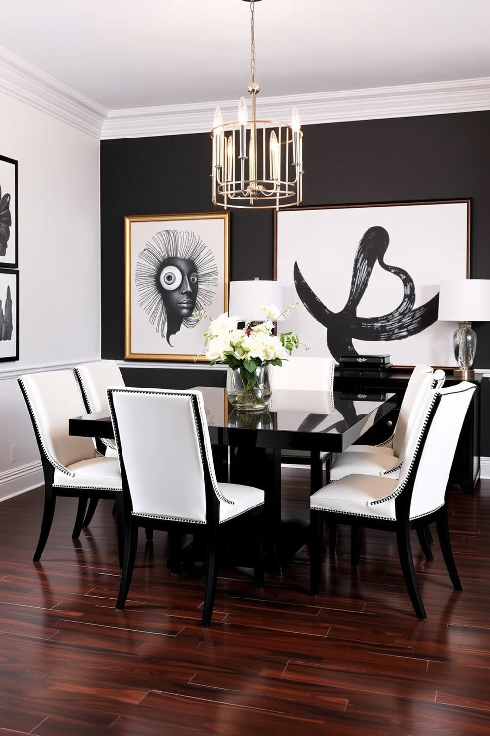 A chic dining room featuring a sleek black dining table surrounded by elegant white upholstered chairs. The walls are adorned with striking black and white artwork, creating a sophisticated focal point that complements the overall design. A modern chandelier hangs above the table, casting a warm glow over the space. The floor is finished with dark hardwood, adding depth and richness to the black dining room aesthetic.