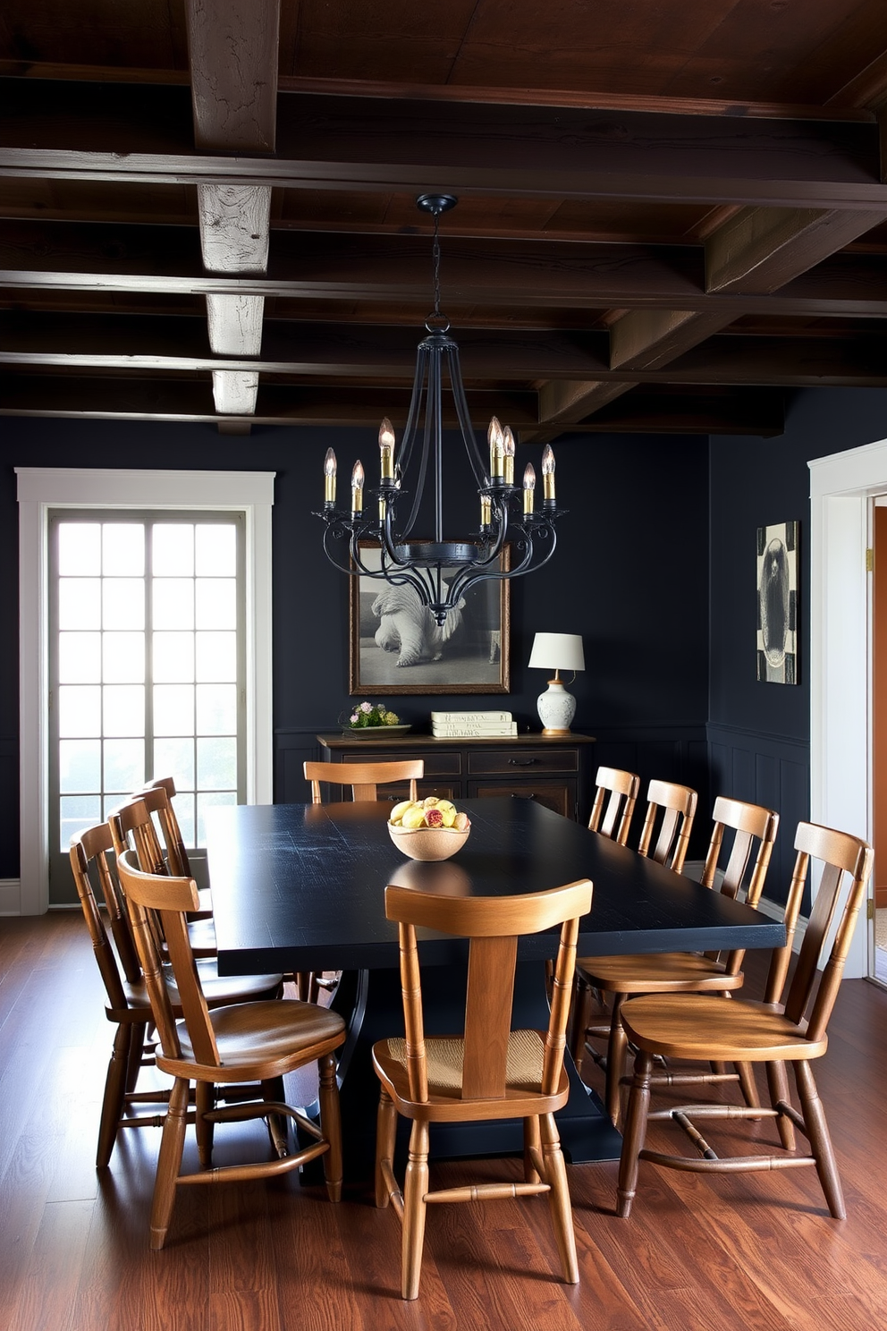 A rustic dining room featuring dark wooden beams across the ceiling creates a warm and inviting atmosphere. A large black dining table is surrounded by mismatched wooden chairs, each with its own unique character. The walls are painted in a deep charcoal shade, enhancing the richness of the space. A statement chandelier made of wrought iron hangs above the table, providing a striking contrast to the rustic wood elements.