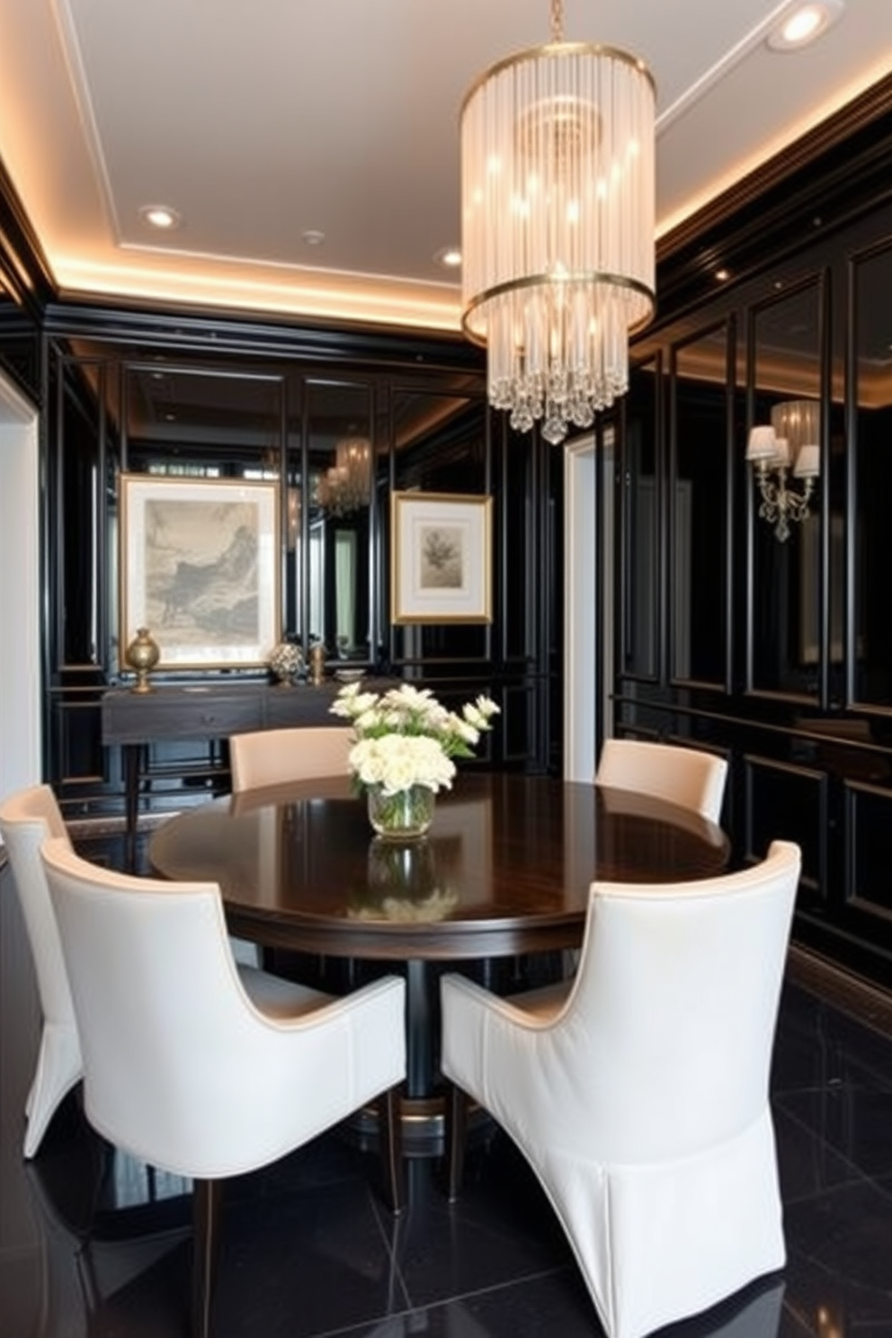 A luxurious dining room featuring glossy black paint on the walls for a sleek and modern finish. The space is adorned with a large round dining table made of dark wood, surrounded by elegant upholstered chairs in a contrasting light color.