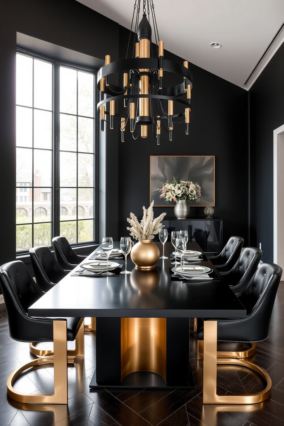 A stylish dining room featuring a sleek black dining table surrounded by chairs that combine black leather and brushed brass accents. The room showcases a statement chandelier with a mix of matte black and polished gold finishes, creating a striking focal point against the dark walls. The table is set with elegant dinnerware that incorporates both silver and gold elements, enhancing the modern aesthetic. Large windows allow natural light to flood the space, highlighting the contrasting textures of the room's decor.