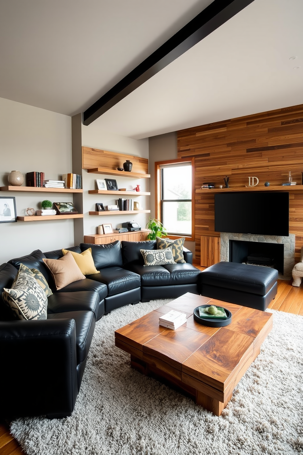 A contemporary family room featuring a mix of sleek black furniture and warm wood tones. The space includes a large black sectional sofa paired with a reclaimed wood coffee table, creating a striking contrast. On the walls, there are wooden shelves displaying decorative items and books, enhancing the room's warmth. A plush area rug in neutral tones anchors the seating area, while large windows allow natural light to fill the space.