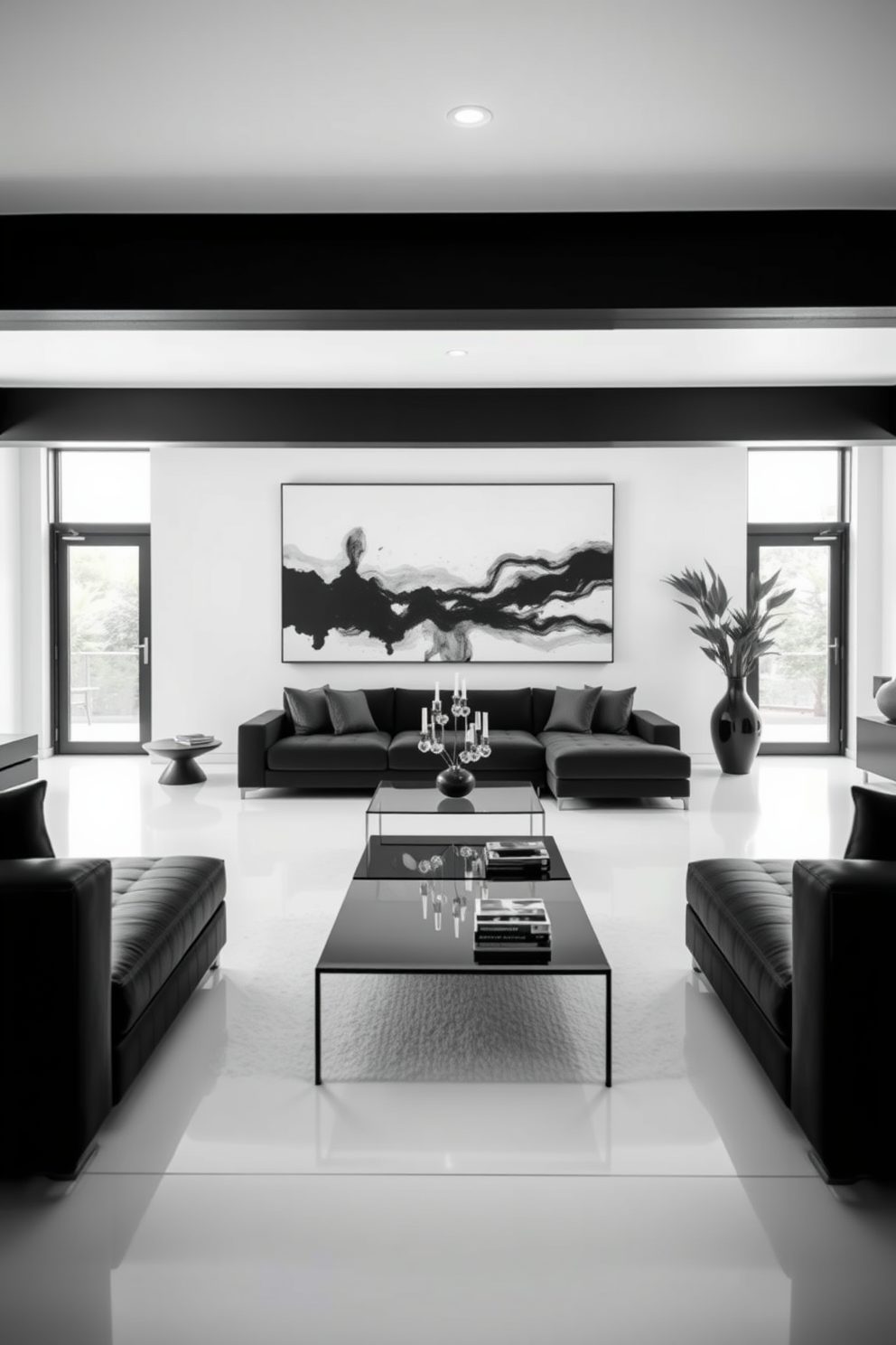 A minimalist black family room featuring sleek black furniture with clean lines and subtle textures. The walls are painted in a soft white to create a striking contrast, and a large abstract black and white artwork is displayed prominently. A low-profile black sectional sofa is paired with a glass coffee table, enhancing the open feel of the space. Floor-to-ceiling windows allow natural light to flood in, highlighting the simplicity and elegance of the decor.