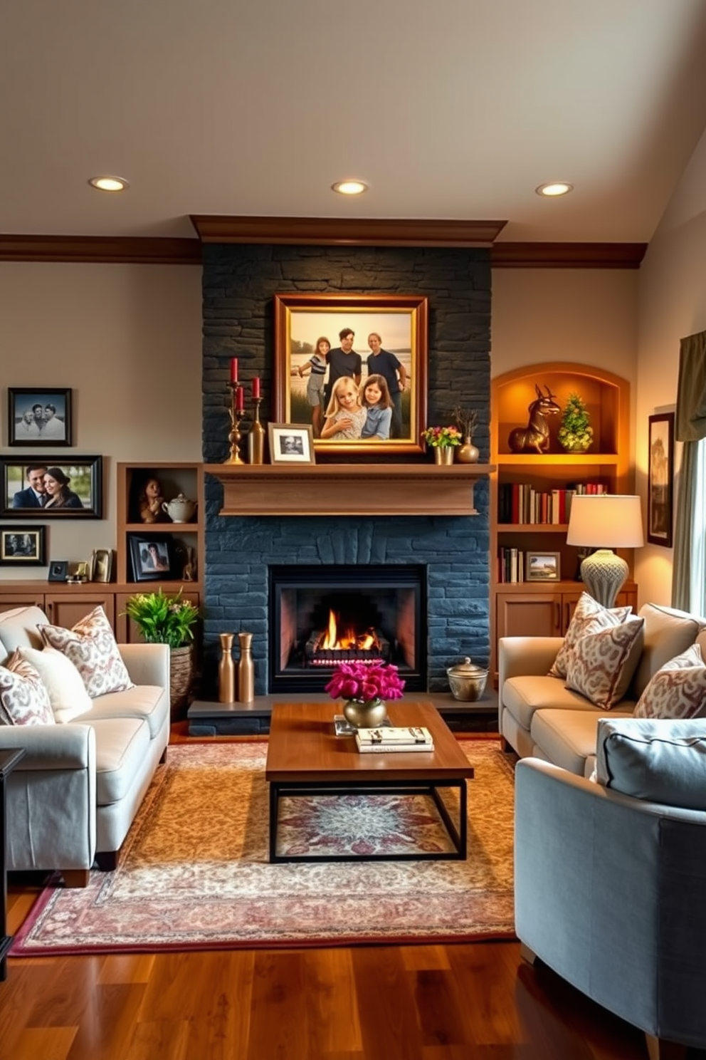 A cozy fireplace with a black stone surround serves as the focal point of the family room. Plush seating is arranged around the fireplace, complemented by warm lighting and soft textures to create an inviting atmosphere. The walls are adorned with family photos and artwork that reflect personal memories. A large area rug anchors the seating area, adding warmth and comfort to the space.