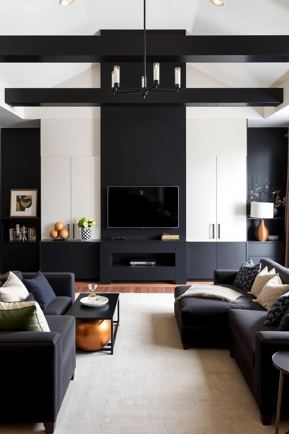 A stylish black entertainment center design features sleek lines and modern finishes, showcasing a large flat-screen TV mounted above a minimalist media console. Surrounding the entertainment center, plush seating in neutral tones complements the bold black furniture, creating a cozy yet sophisticated atmosphere. In a black family room design, the walls are painted in a deep charcoal hue, enhancing the room's warmth and intimacy. Accents of gold and wood are incorporated through decorative elements and furniture, adding a touch of elegance to the overall aesthetic.