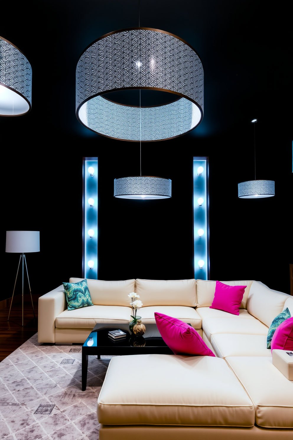 A striking family room featuring bright lighting fixtures that illuminate the space against a dramatic black backdrop. The room is furnished with a plush sectional sofa in a light color, complemented by vibrant throw pillows that add a pop of color.