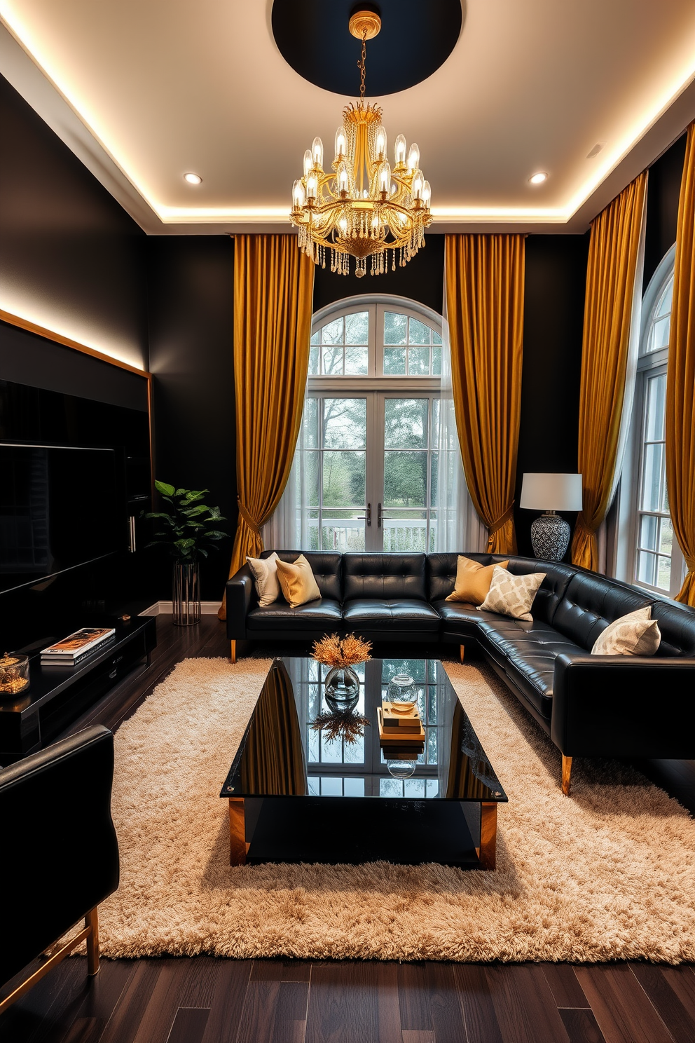 A luxurious family room with black and gold accents creating an elegant atmosphere. The walls are painted in a deep black shade, complemented by plush gold drapes framing large windows. A sleek black leather sofa is positioned in the center, adorned with gold and white decorative pillows. A modern coffee table with a glass top and gold legs sits atop a soft, textured area rug in neutral tones. On one side, a stylish black entertainment unit showcases a large flat-screen television and decorative gold accents. Ambient lighting from a chic gold chandelier illuminates the space, enhancing the overall opulence.