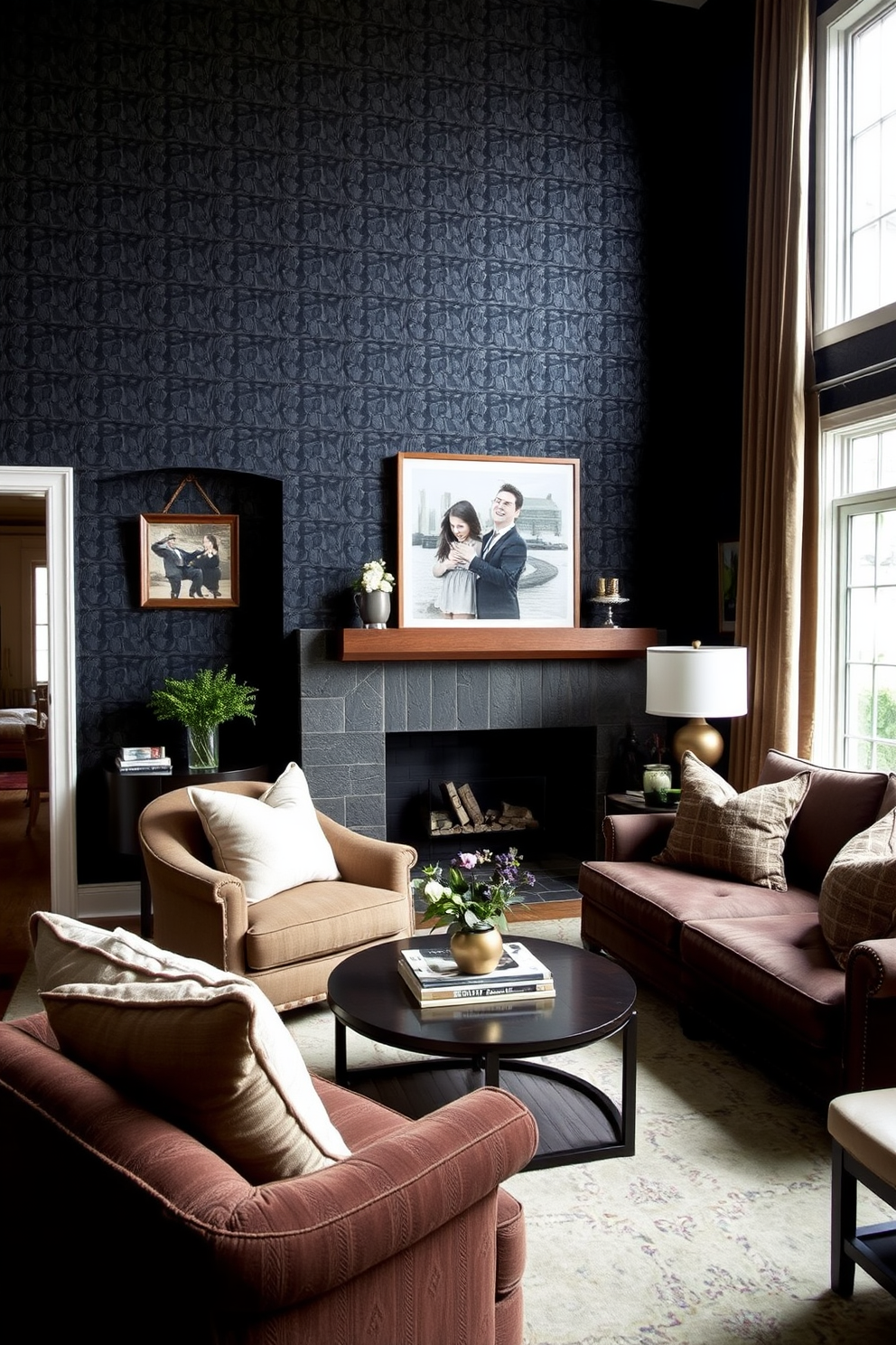 Textured black wallpaper adds a dramatic flair to the family room, creating a cozy yet sophisticated atmosphere. The space features plush seating in rich fabrics, complemented by warm wood accents and soft lighting for an inviting feel.