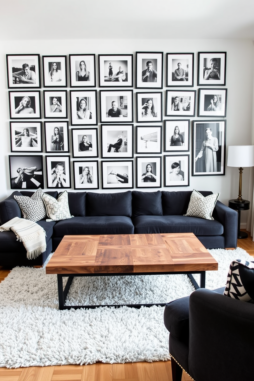 A striking black and white photography gallery wall showcases an array of framed black and white images in various sizes. The frames are arranged in a stylish asymmetrical layout, creating a dynamic focal point that draws the eye. The family room features a cozy sectional sofa in a deep charcoal fabric, complemented by a mix of patterned throw pillows. A sleek coffee table made of reclaimed wood sits in the center, surrounded by a plush area rug that adds warmth to the space.